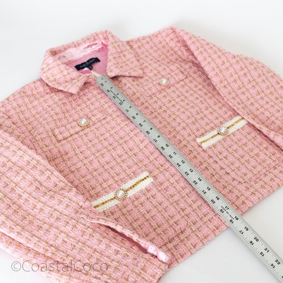 Pink Tweed Pearl Button Cropped Jacket L Blazer Preppy Academia Coastal Grandma - Picture 12 of 13
